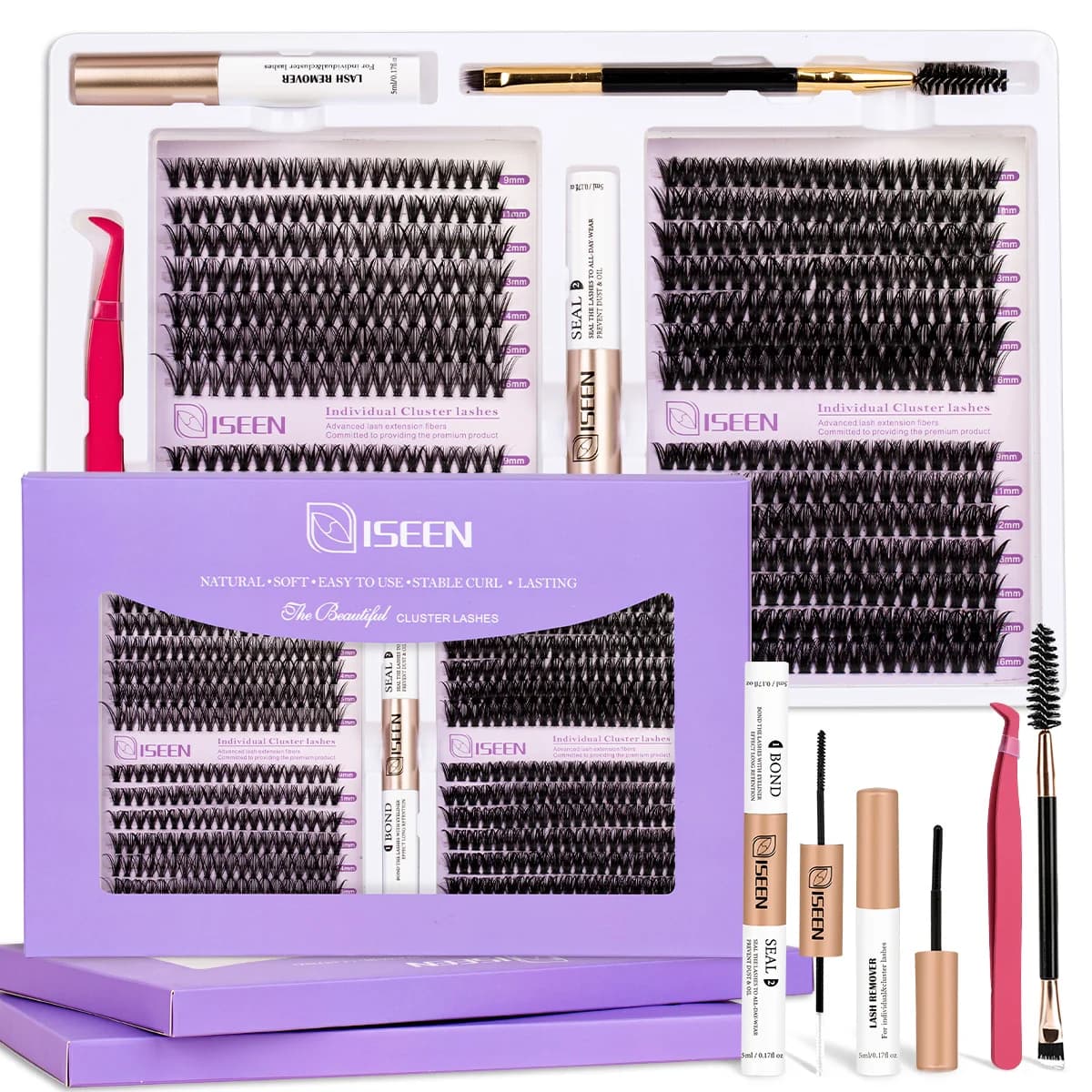 Eyelash Clusters Kit Soft Volume D Curl Lash Extension Kit with Bond and Seal Glue Remover Applicators for DIY Lash Extensions