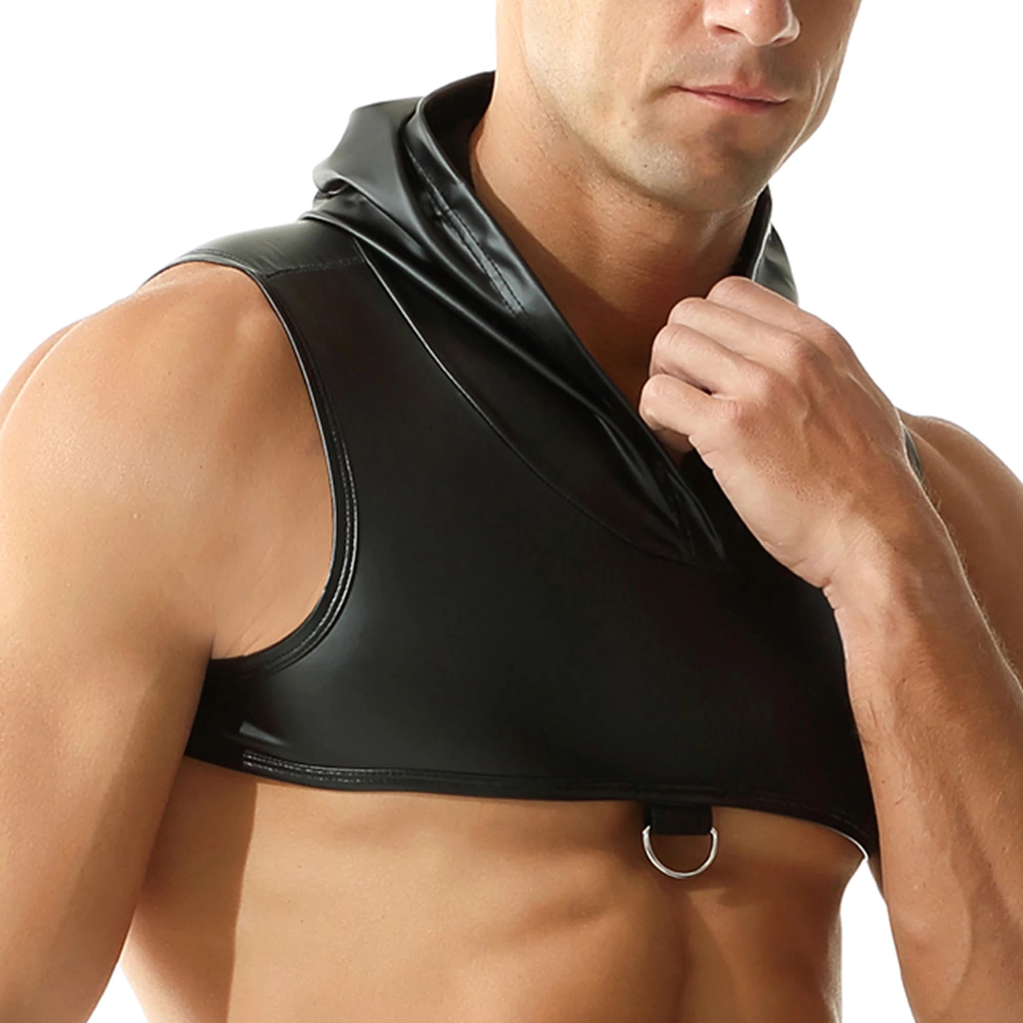 Top corto da uomo in ecopelle con cappuccio sexy senza maniche da discoteca danza mini gilet moda maschile streetwear costumi di scena per feste