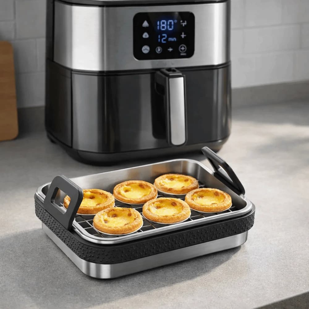 Anti-scalding Stainless Steel Air Fryer Baking Pan Heat-resistant with Wire Rack and Lid Air Fryer Baking Tray Silicone Handle
