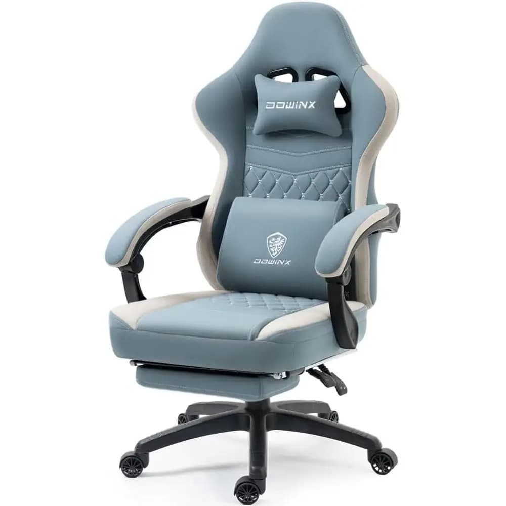 Sedia da Gaming in Tessuto Traspirante con Cuscino in Gel e Vano Portaoggetti, Comoda Sedia Ergonomica da Computer con Poggiapiedi, Blu