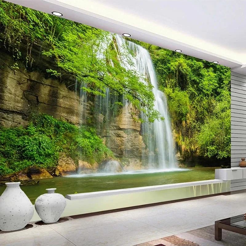 3D Modern Parade Paper with Waterfall and Landscape, Wall Natural Scenography for Living, Bedroom, TV Background, Wall Art