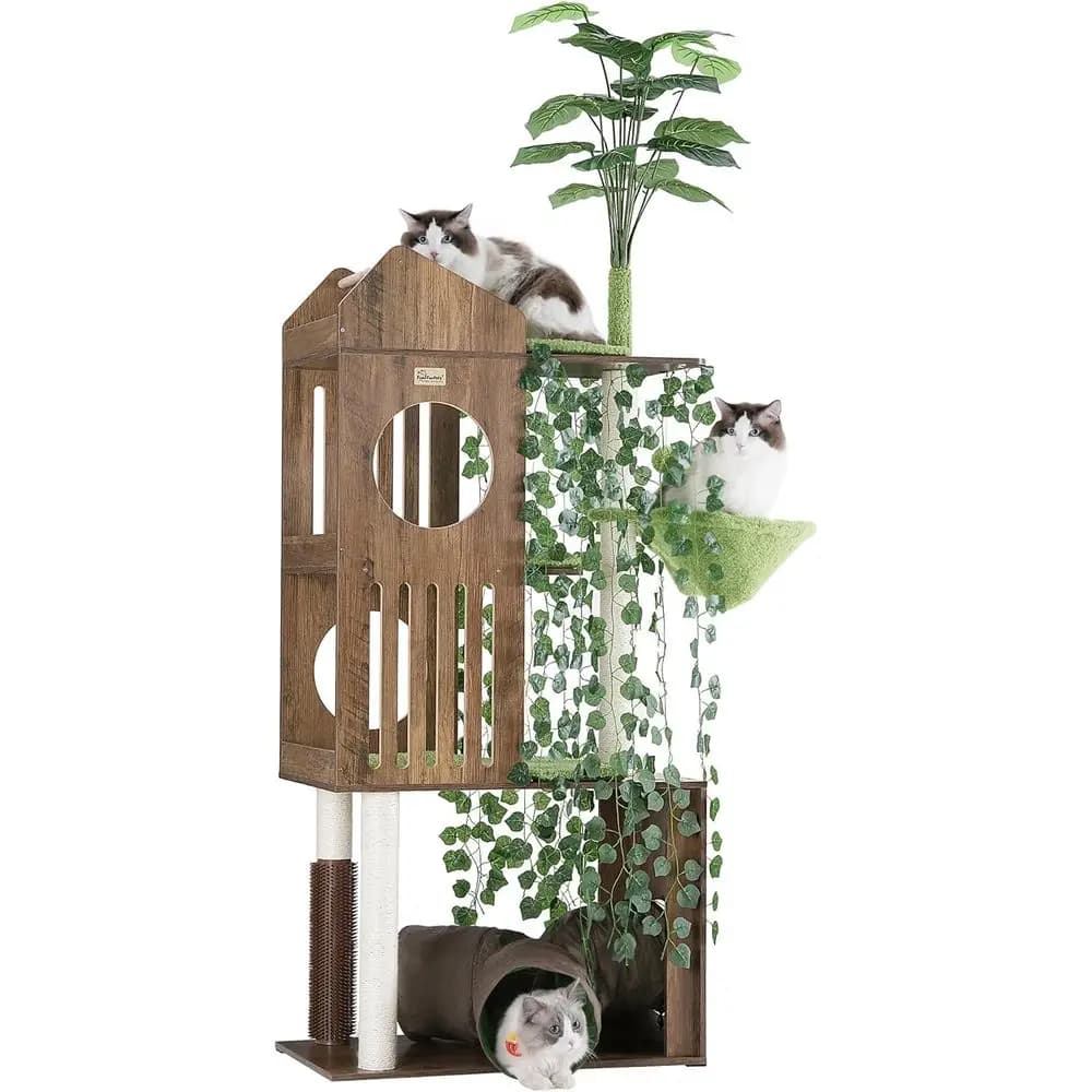 oururPets Albero per Gatti Grande con Foglie, Torre per Gatti da Interno da 185 cm, Albero per Gatti con Tiragraffi, Ampia Piattaforma e Tunnel
