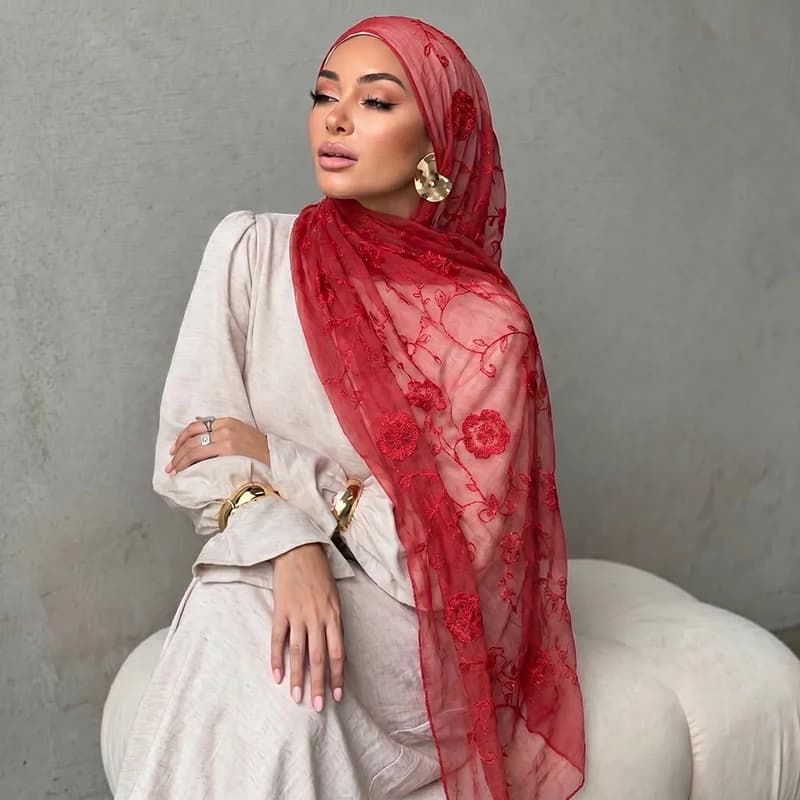 Hijab Musulmano con Ricamo Floreale, Sciarpa Trasparente Morbida e Leggera, Copricapo per Donne, Accessorio Islamico per Uso Quotidiano Modesto