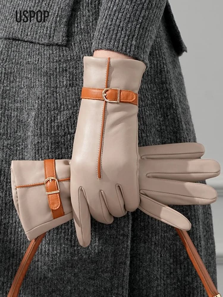 USPOP Lamb Leather Women's Gloves Winter Gloves lined with hot fleece for touchscreen cycling guide