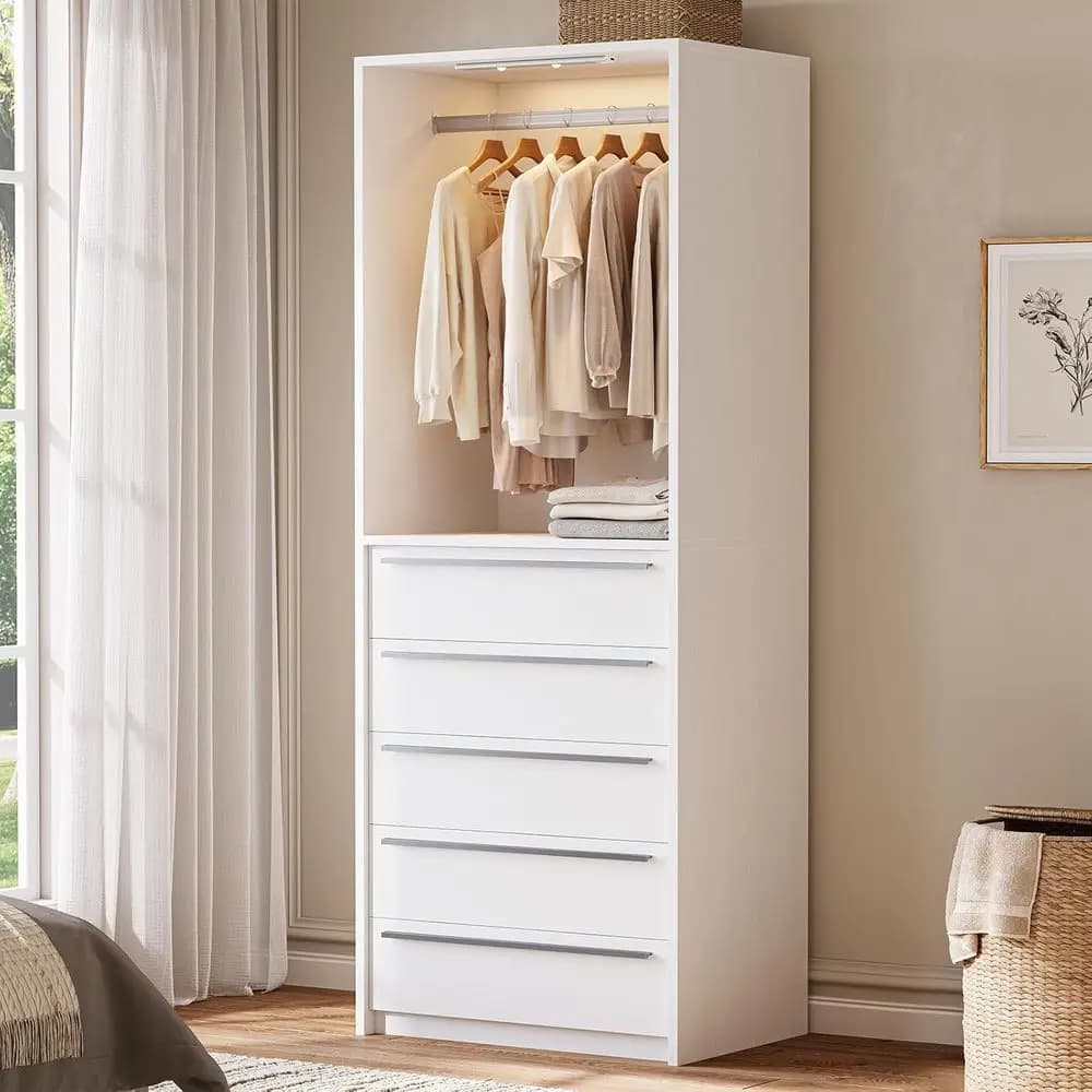 Organizzatore per Cabina Armadio Bianco con 5 Ripiani, Asta in Metallo e Luce con Sensore di Movimento Ricaricabile