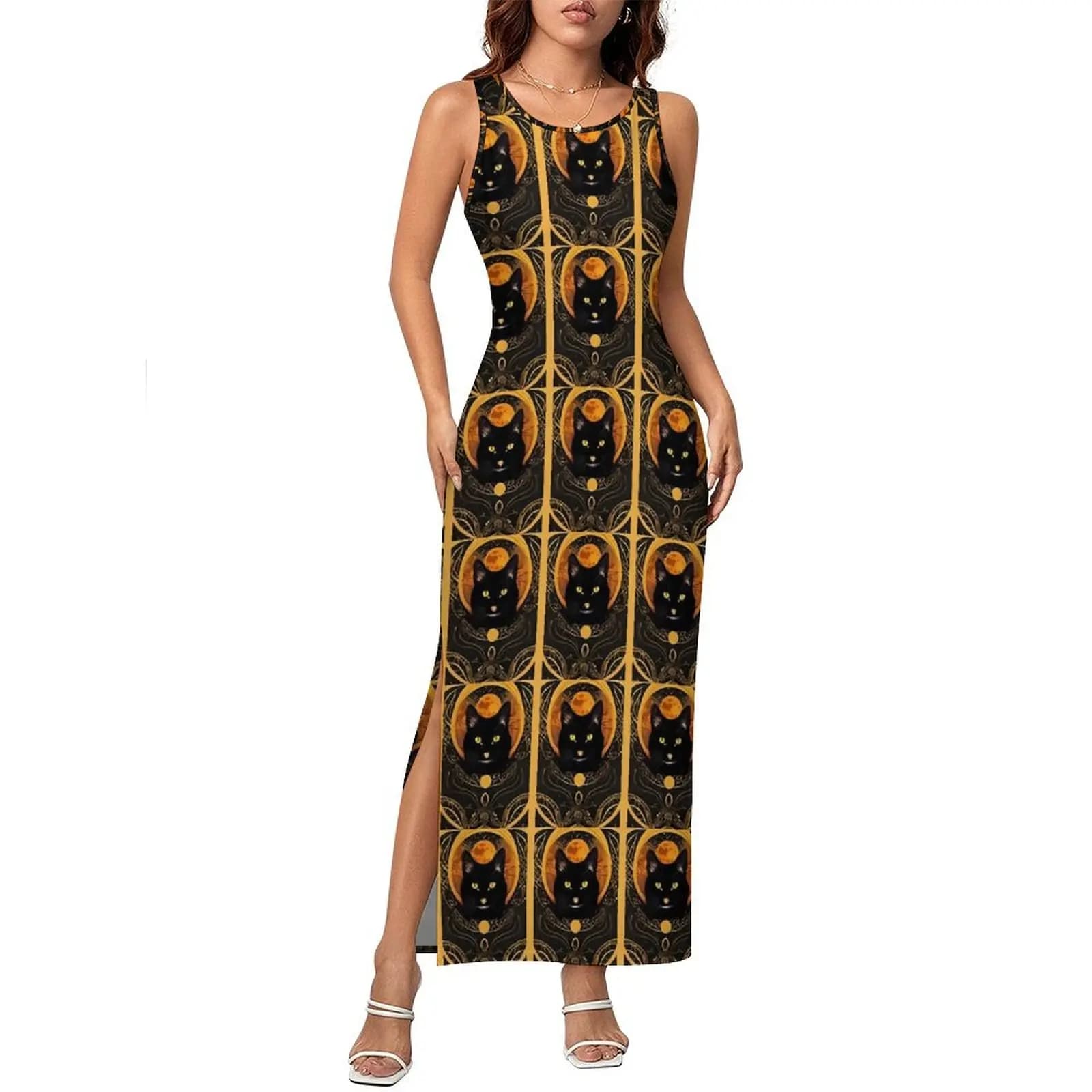 Abito con stampa di carte tarocchi senza maniche vintage gatto nero streetwear maxi abiti casual abito aderente design da donna abiti oversize