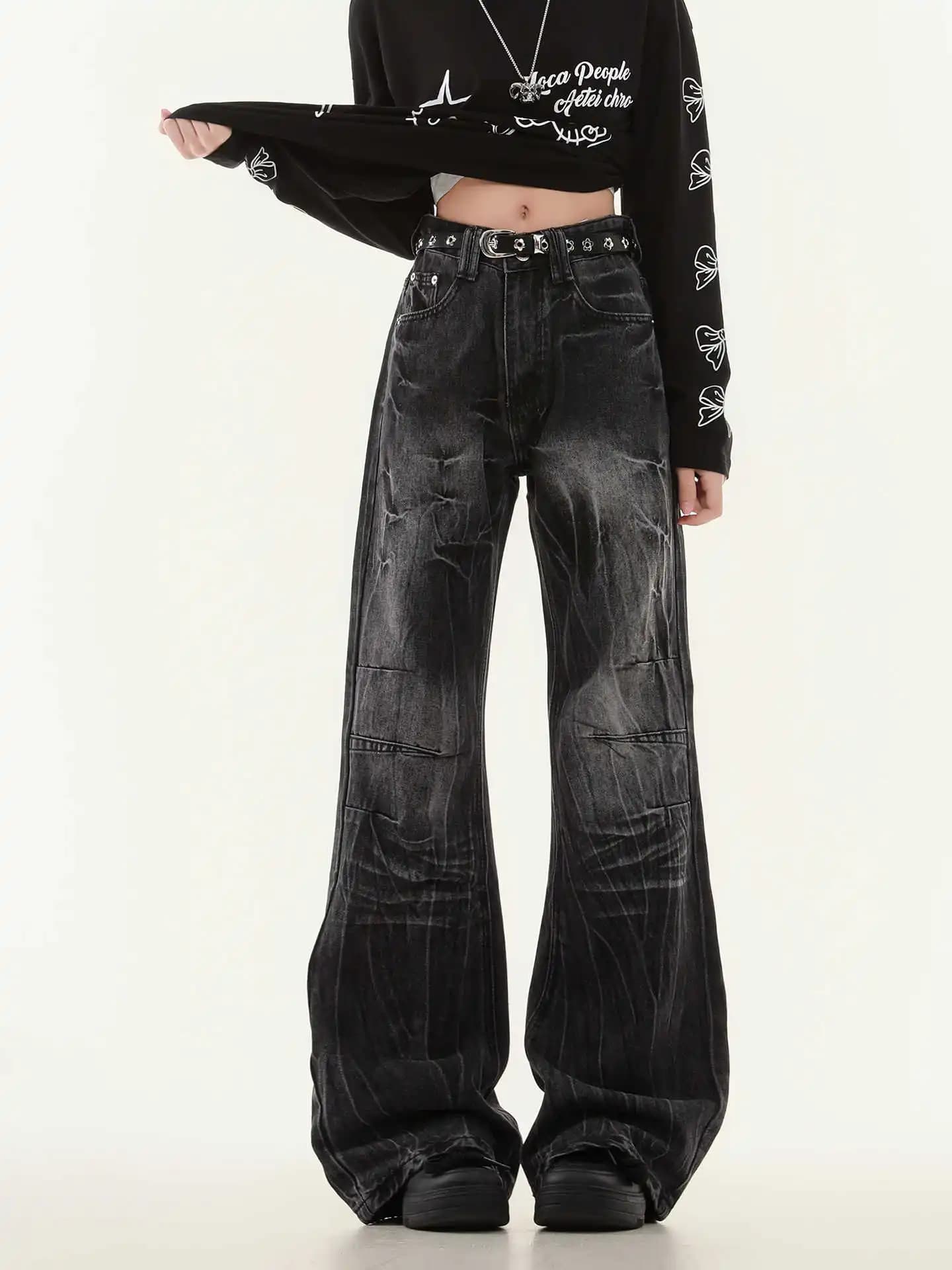 Women's Baggy Jeans Dark Academia Abi Y2k Japanese Streetwear Cyber Punk Denim Pants Wide Fit Grunge Harajuku Cowboy 2000s Chic