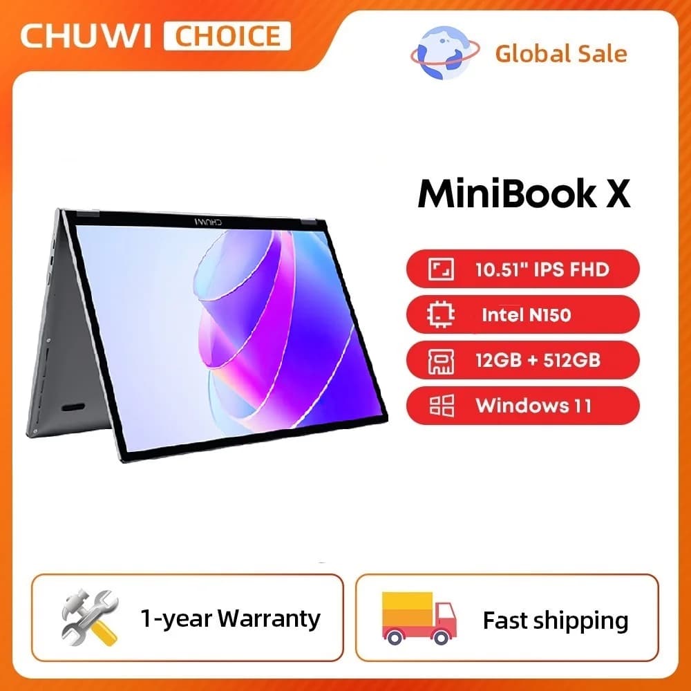 CHUWI MiniBook X N150 Laptop da 10,51 pollici 16 GB/12 GB RAM 512 GB SSD Modalità Yoga 2 in 1 Intel Windows 11 Notebook 360 ° WiFi 6 ribaltabile