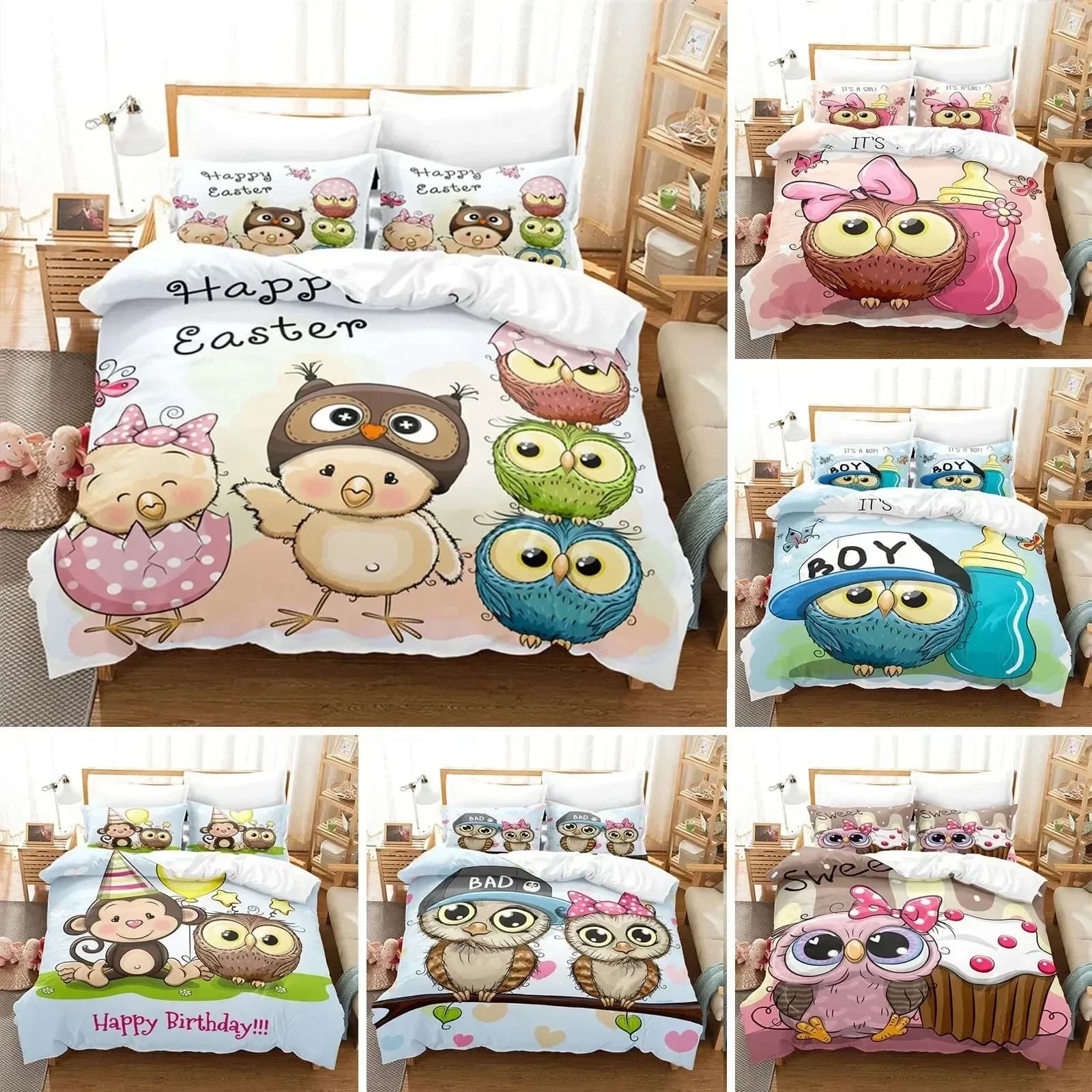 Set Copripiumino con Stampa di Gufo Cartoon, Set Biancheria da Letto con Animali Carini, Copripiumino in Morbida Microfibra Decorativo per Camere dei Bambini