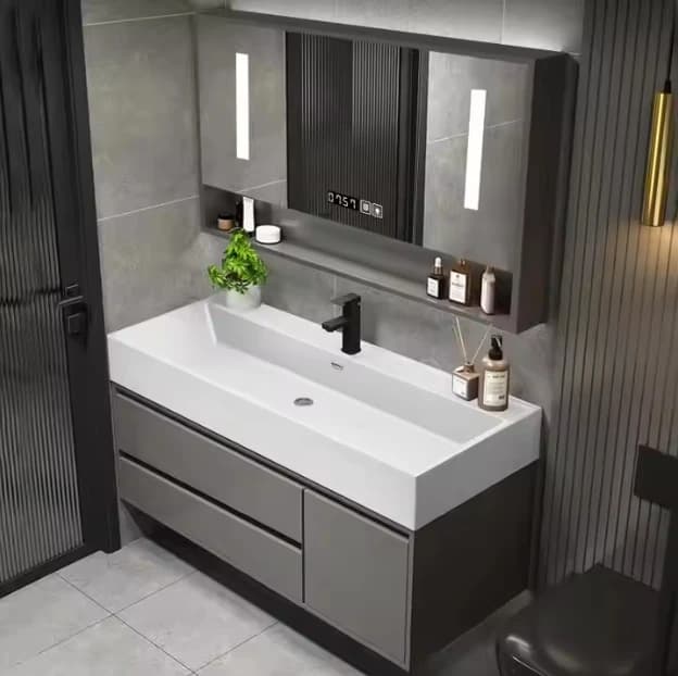 Mobile Bagno Moderno Sospeso in Compensato con Lavabo in Ceramica e Specchio Rettangolare