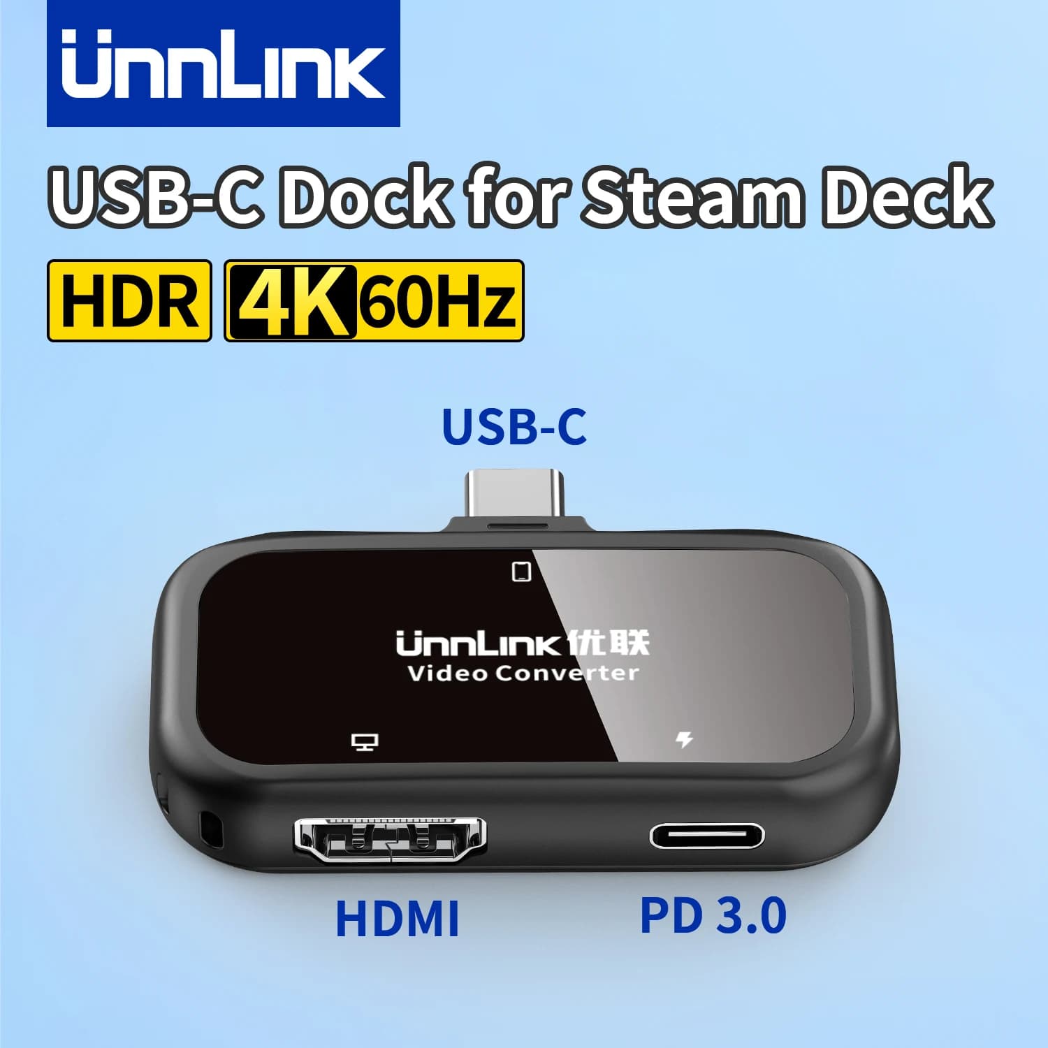 Hub HDMI USB-C Unnlink 4K@60Hz per Steam Deck, Docking Station per Gaming con Ricarica PD 60W, Adattatore Type-C a HDMI per Switch
