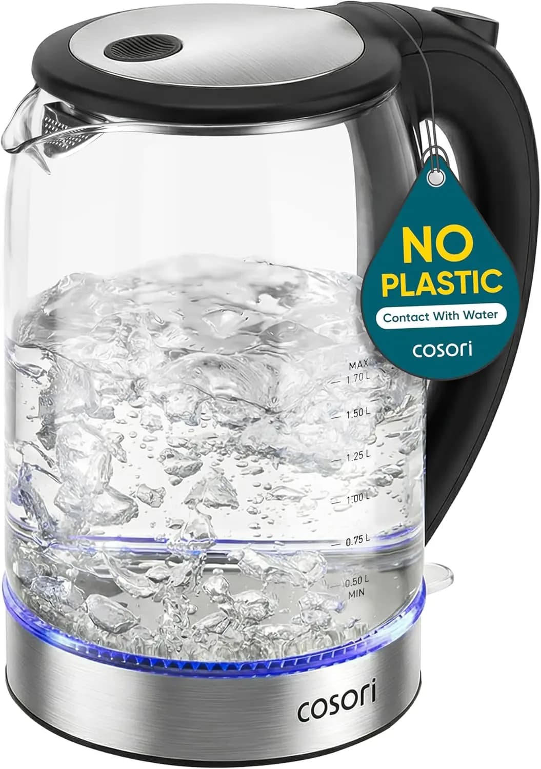 Bollitore elettrico da 1,7 litri, nessun contatto con il plastico e l'acqua, bocca larga, spegnimento automatico, vetro borosilicato, 1500 W