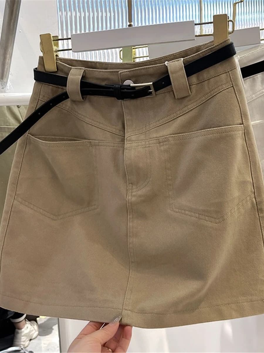 High Waist Elastic Workwear Denim Skirt A-Line Silhouette Slimming Fit plus Size Women's Fashion Commute Style Pure Color