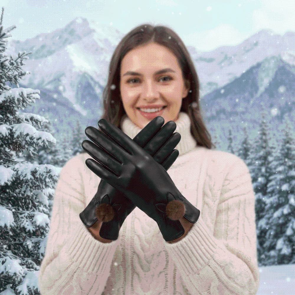 Fleece Lined Leather Gloves Anti-splash Water Classic Black Winter Mittens Korean Style Short Wrist Touchscreen Gloves