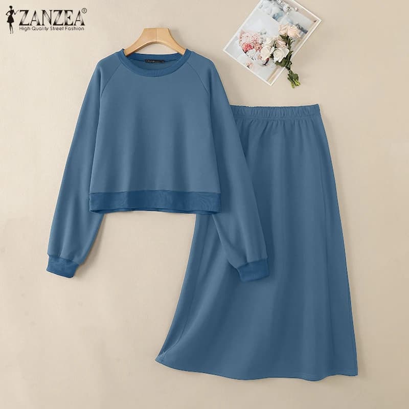 ZANZEA 2026 Set di abiti da donna di moda Set casual da 2 pezzi Top a maniche lunghe e set di gonne lunghe a vita alta Tute larghe solide