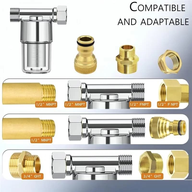 Efficient-Reusable Solid Brass Inline Water Filter Sediment Pre-Filter- For Washing Machine, RV Shower& Garden Hose