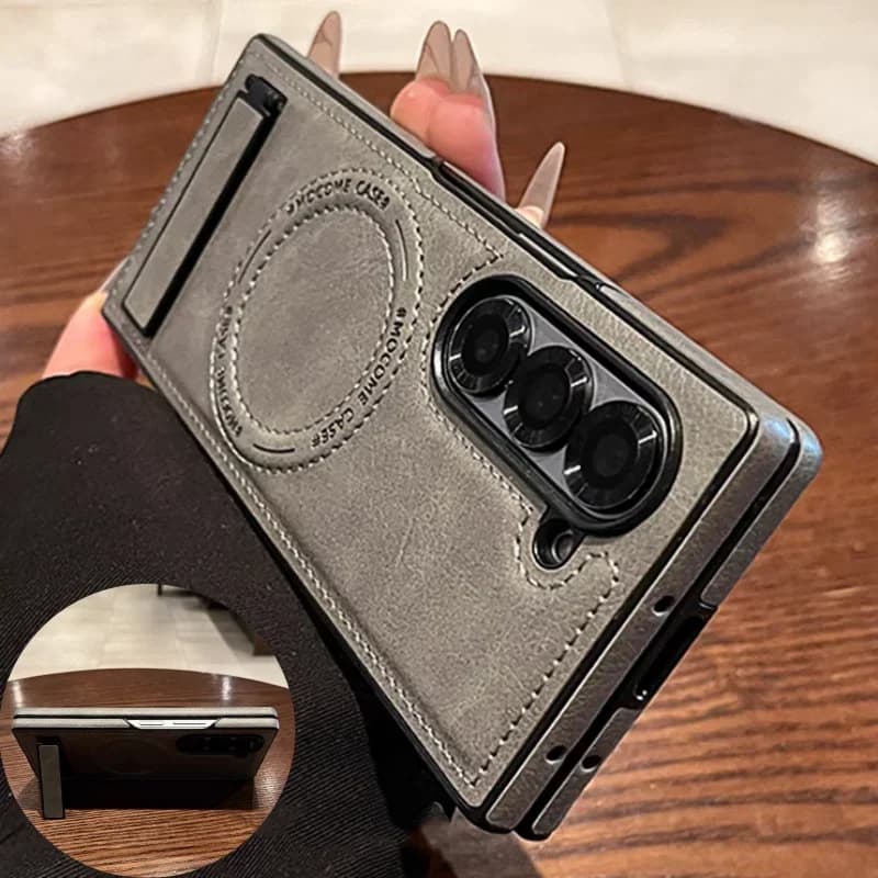 Retro Leather Hidden Tripod Phone Case for Samsung Galaxy Z Fold 7 6 5 4 3 Magnetic Wireless Charging Lenten Antique Cover