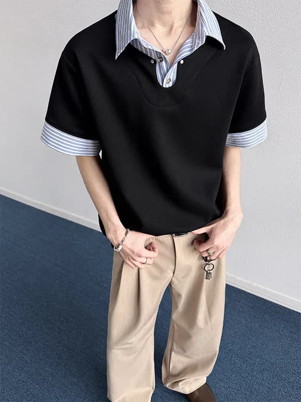 Loose Fit Stripe Shirt Fake Two-Piece Short Sleeve Men Summer Trendy Brand Casual T-Shirt Boys Half Sleeve Outerwear
