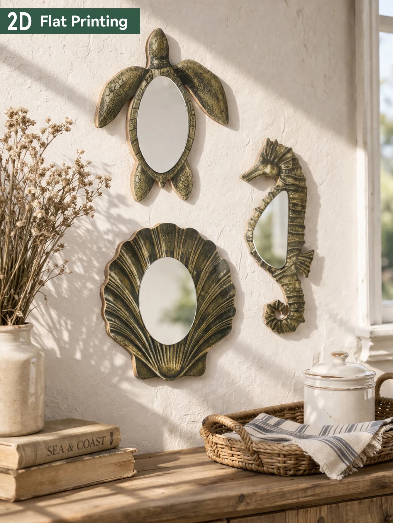 Specchio da Parete Vintage con Tartaruga Marina e Cavalluccio Marino, Specchio Nautico Costiero da Appendere per Bagno, Soggiorno, Camera da Letto, Arredamento Casa al Mare