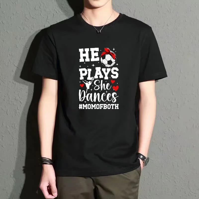 Men's Black Round Neck Short-Sleeved T-Shirt with Football Heart Print and Letter Pattern, Casual Everyday Versatile Top, Comfortable, Breathable, Trendy Street Style
