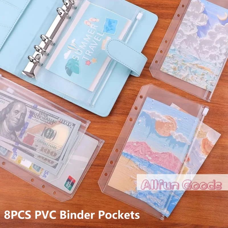 8PCS PVC Binder Pocket Cash Envelopes A5 A6 Zipper Folders Pouches Money Organizer Budget Document Filing Loose Leaf Inserts