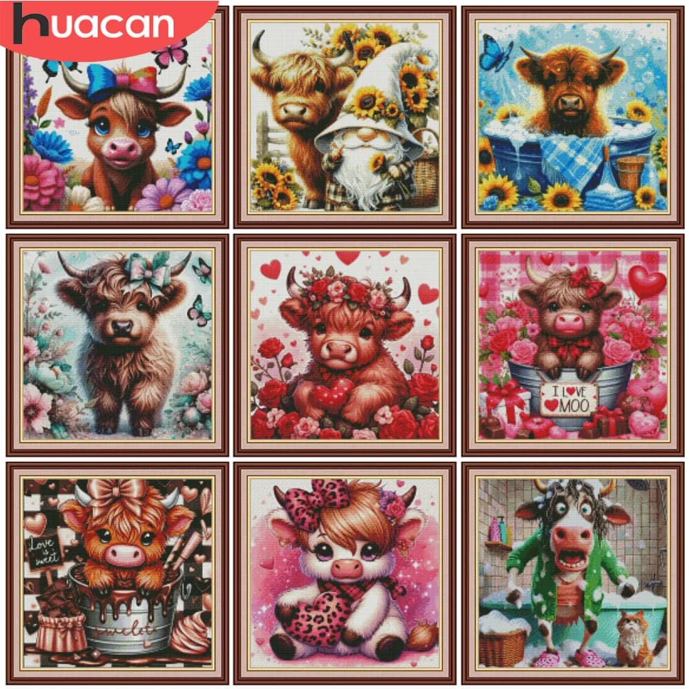 Kit per Punto Croce HUACAN, Set Ricamo Mucca 11CT, Fiori e Farfalle, Filo DMC, Lavori Artigianali
