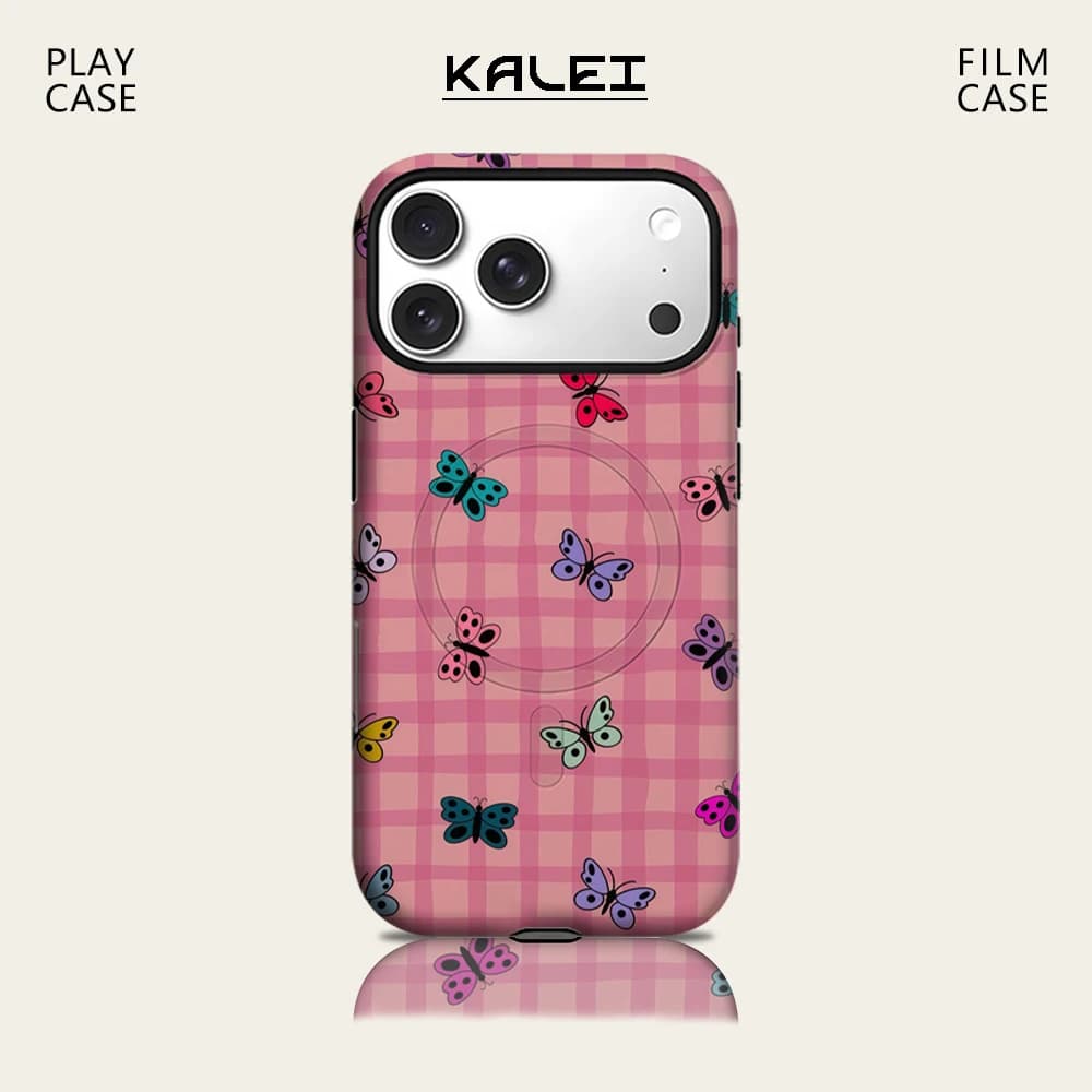 Custodia per telefono a quadretti rosa con farfalle colorate per iPhone 17 16 15 14 13 Pro Max Plus, custodia rigida magnetica a strato singolo/doppio
