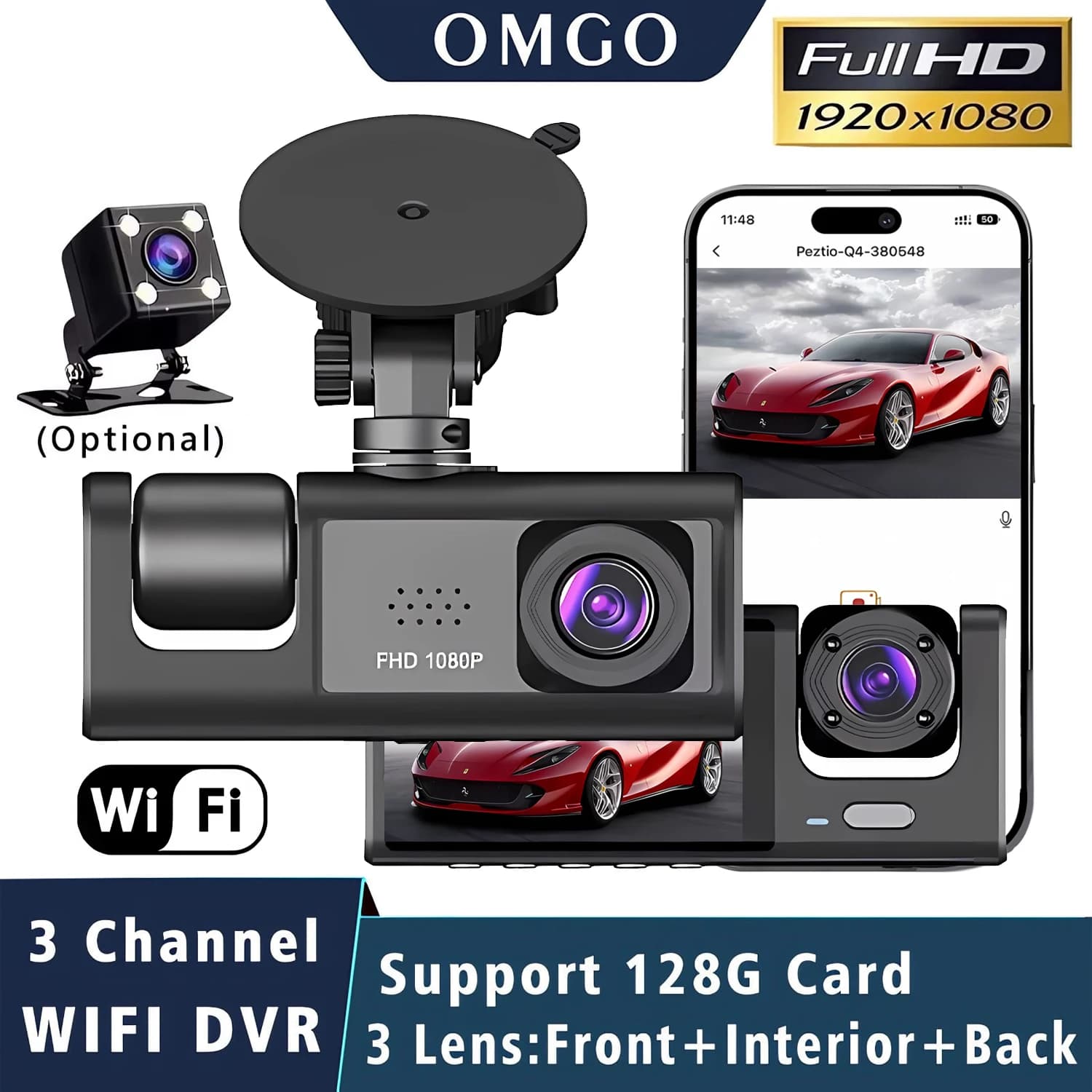 Videoregistratore DVR per Auto a 3 Canali WIFI HD 1080P, Telecamera Interna per Veicoli, Registratore Video a Tre Vie, Mini Dashcam