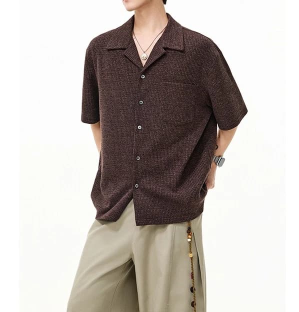 2026 Summer New Sweater Short-sleeved Shirt Colored Yarn Loose Texture Fleece Cuban Collar Shirt Jacket Men