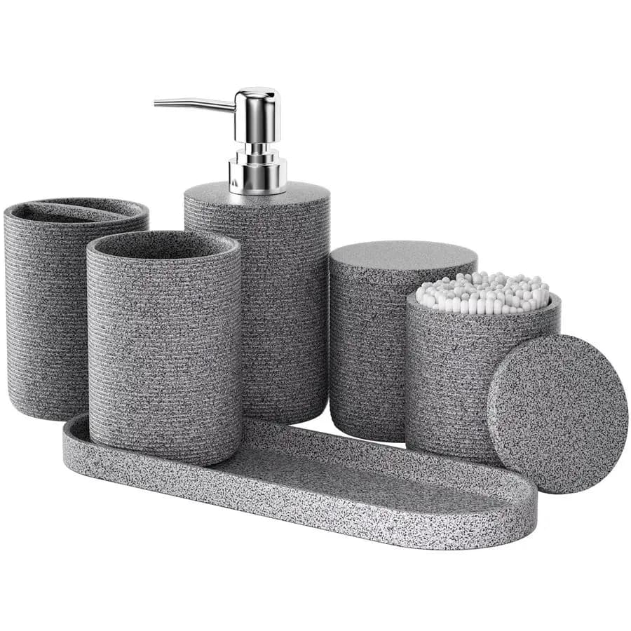 Set di Accessori per il Bagno in Resina, Grigio, Completo di Portaspazzolino, Dispenser per Sapone Liquido, 2 Porta Q-tip, Vanit