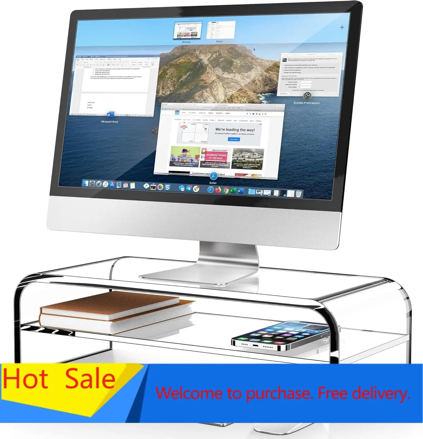 Supporto per Monitor a 2 Livelli in Acrilico, Rialzo per Computer per Ufficio Domestico, Supporto Trasparente per Monitor con Spazio per Tastiera, 18.9" x 8.7" Multi Monitor