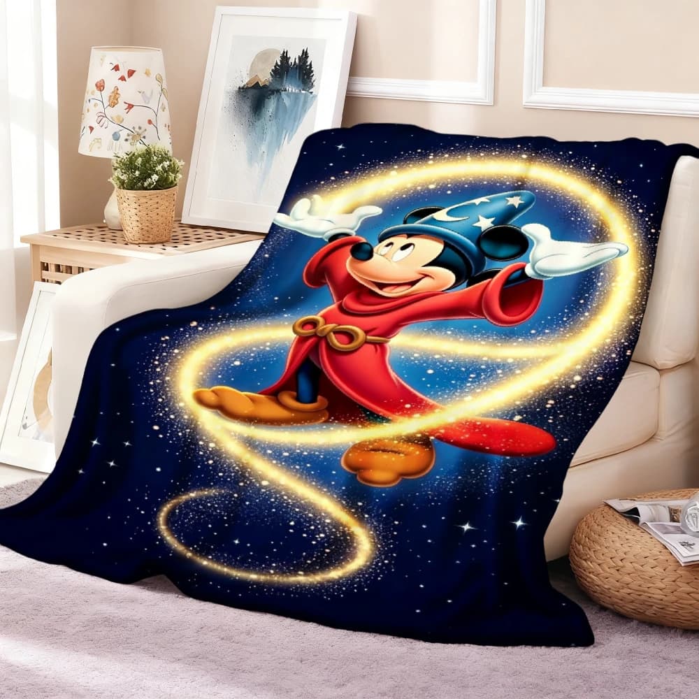 1pc Disney Four Seasons Suitable Flannel Blanket Mickey Mouse Wizard Magic Starry for Travel, Camping for Living Room, Office Machine Washable