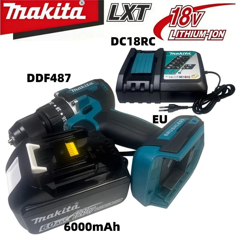 100% New 18V Makita 6Ah Powerful Tool Battery + Charger, Suitable for DDF487 Household Rechargeable Lithium Hand Drill