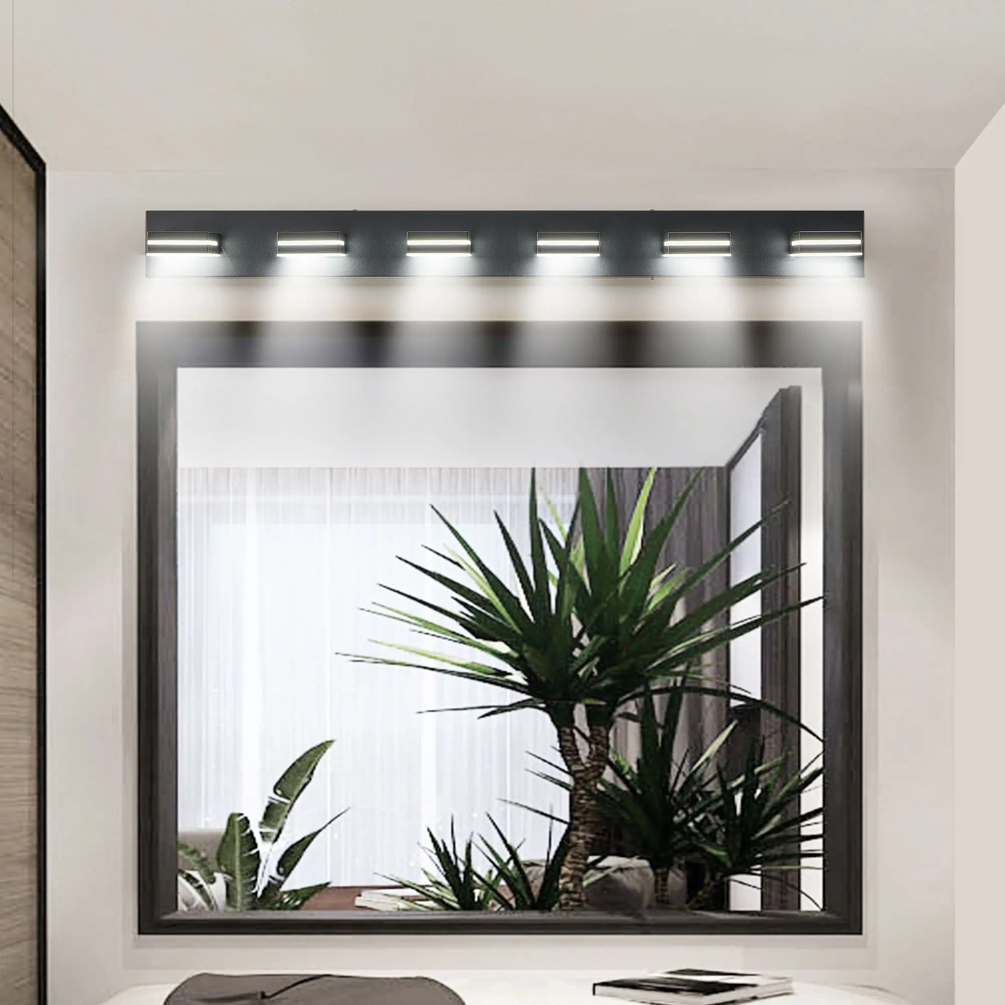 US Stock Free Shipping 6-Light LED Modern Bathroom Vanity Light Matte Black Acrylic Mirror Front Wall Sconce 6000K Cool White
