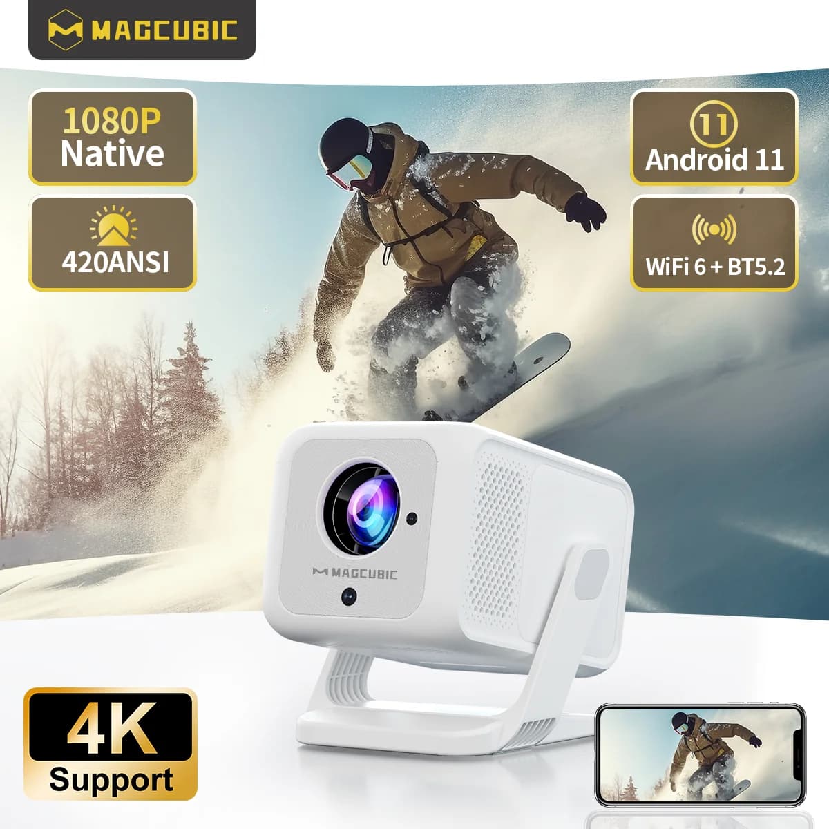 Magcubic HY310X Messa a fuoco automatica 420ANSI Android 11 Keystone 4K Mini proiettore con Full HD 1080P per proiettore da teatro all'aperto