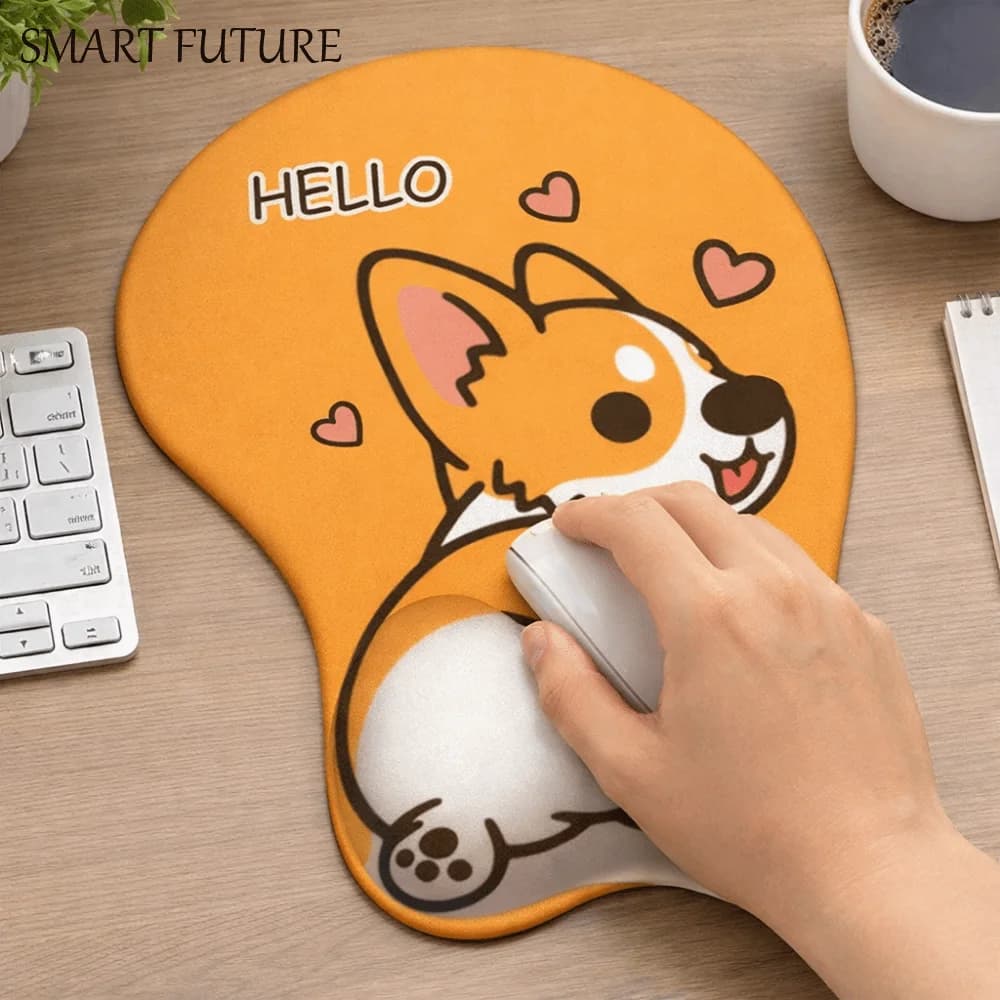 Comodo tappetino per mouse a forma di Corgi, design ergonomico, antiscivolo, con supporto per il polso in silicone, tappetino per mouse con animali carini, per uomini e donne