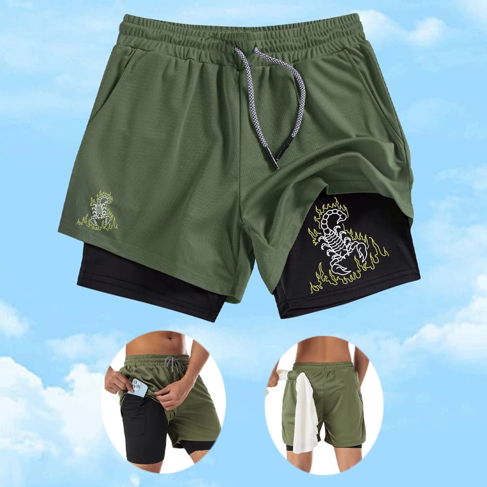 Pantaloncini da corsa creativi da uomo con stampa a forma di scorpione, ad asciugatura rapida, elastici e traspiranti, 2 in 1, per fitness e ciclismo, con coulisse.