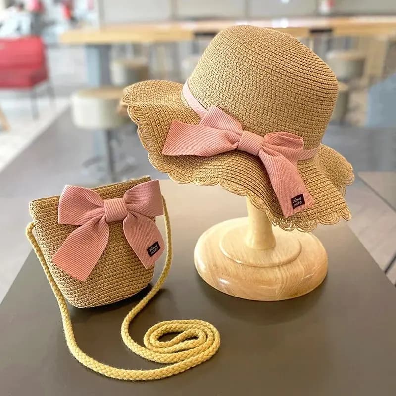 Cappello per Bambine 2-7 Anni, Cappellino Parasole in Paglia per Bambini, Cappello da Spiaggia Estivo per Viaggi, Protezione Solare, Stile Moda