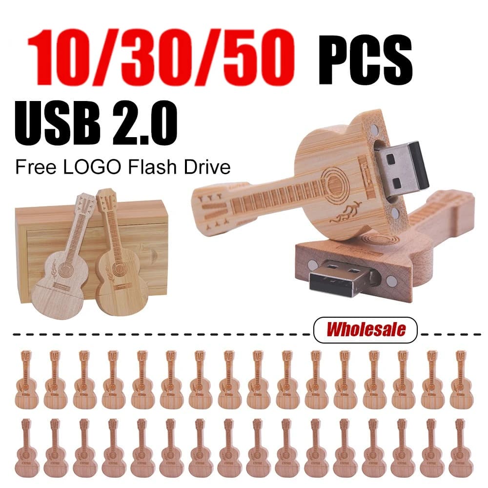 10/30/50 pz/lotto chitarra in legno personalizzata pen drive usb flash drive Memory Stick pendrive 4 GB 16 GB 32 GB 64 GB 128 GB Cle usb Logo Libero
