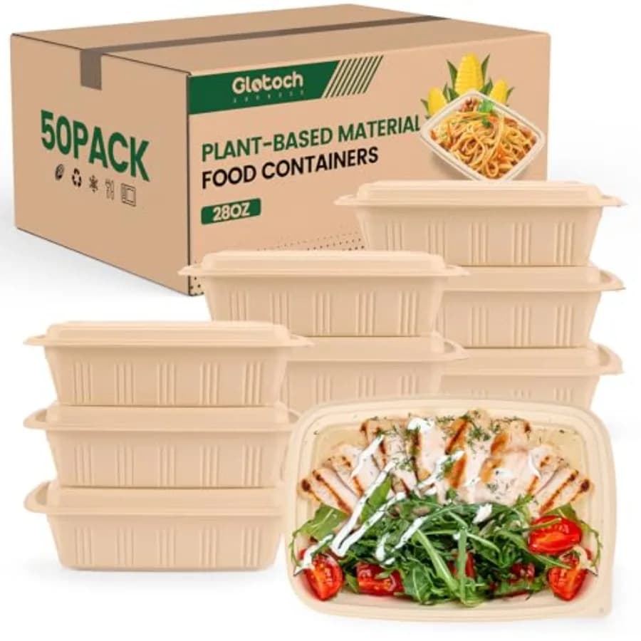 100 Pezzi, 50 Confezioni di Contenitori per Preparazione Pasti con Coperchi, Contenitori per Alimenti in Amido di Mais, Lunch Box a Base Vegetale per Insalata, Senza BPA