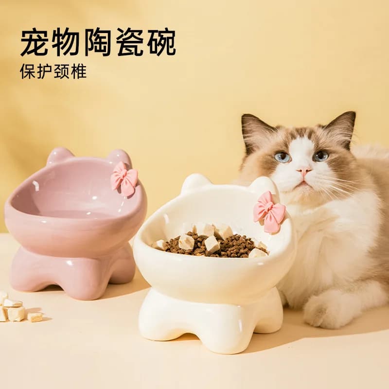 Kitten ceramic cute creative oblique mouth medium and small dog tall pet bowl food drinking water neck rice basin