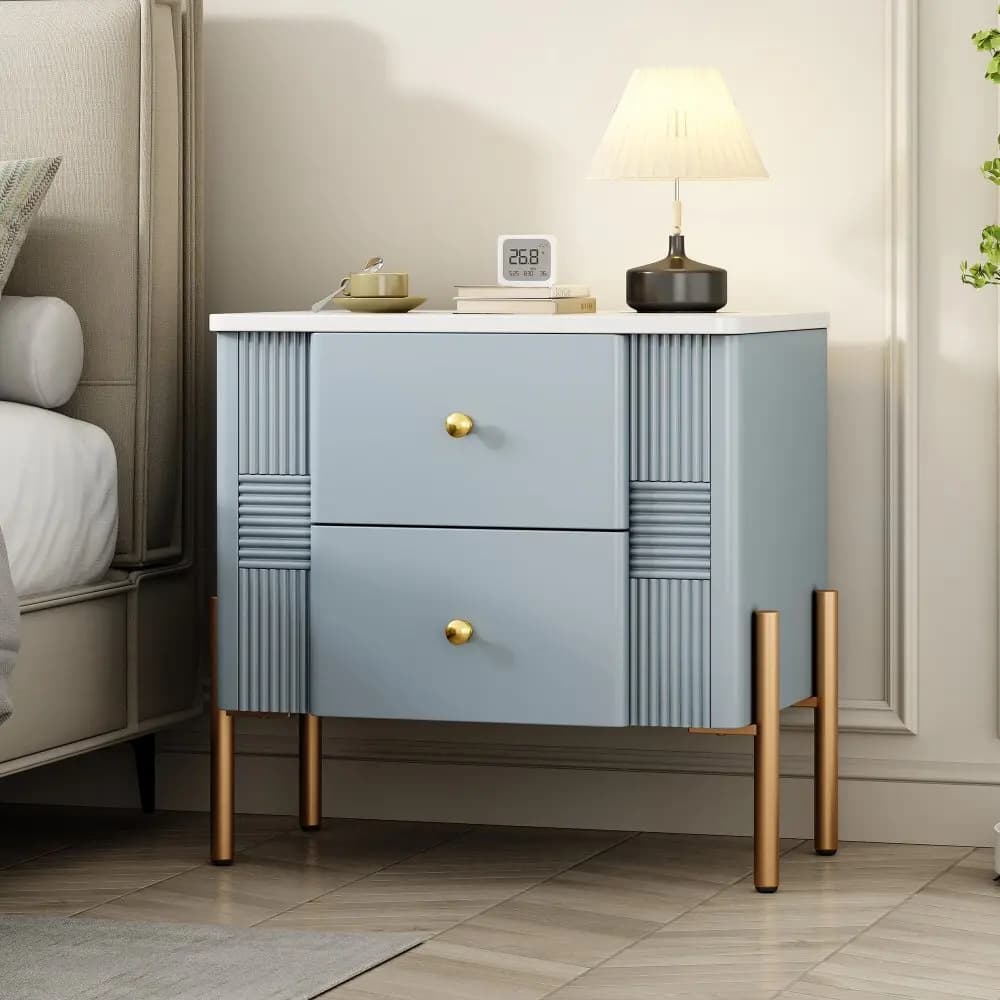 Modern 2-Drawer Fluted Nightstand, Golden Handles & Legs, Living/Bedroom Easy Assembly Blue