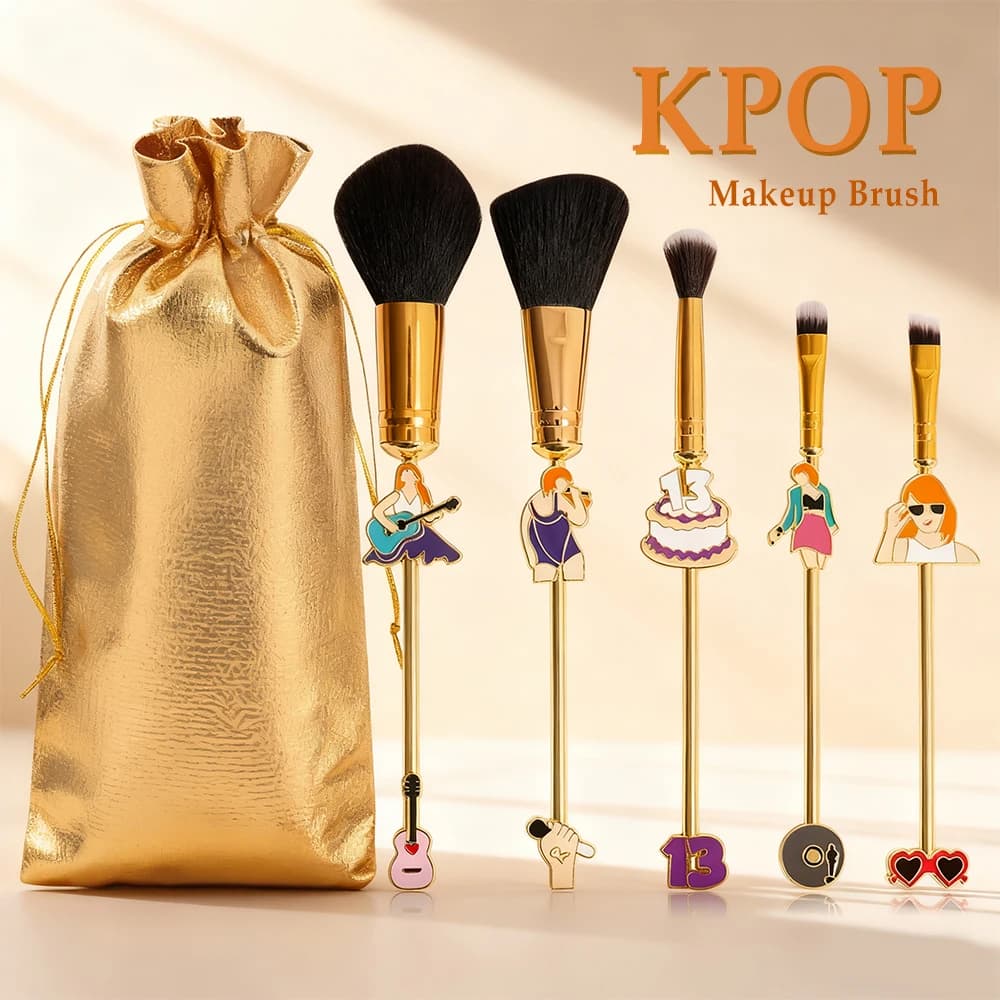 Set of 5 pieces champagne gold color KPOP makeup brushes, metallic texture, ultra soft fiber umbrella brush, suitable for birthday parties