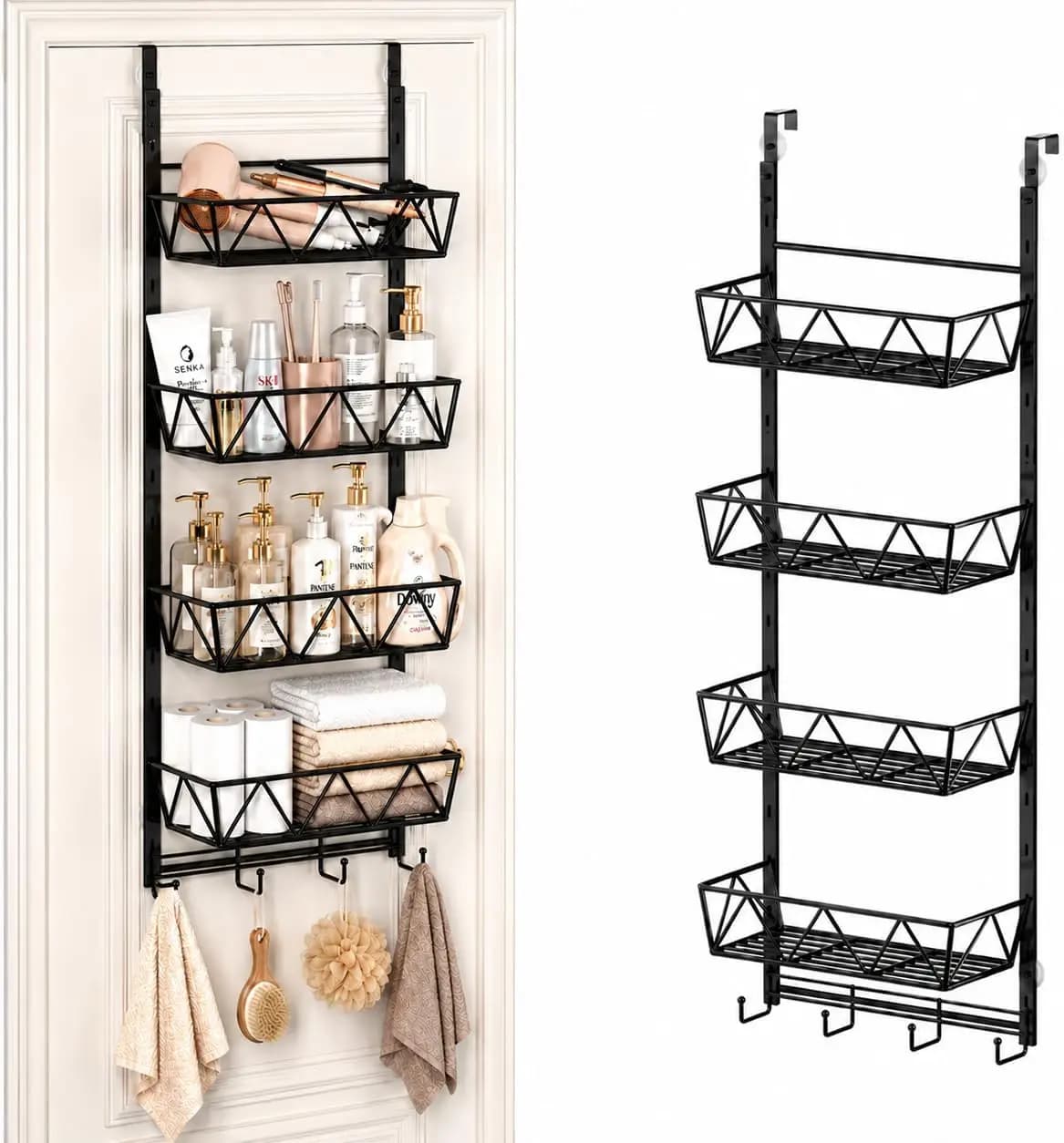 Over the Door Bathroom Organizer,Hair Dryer Holder with Hooks, 4-Tier