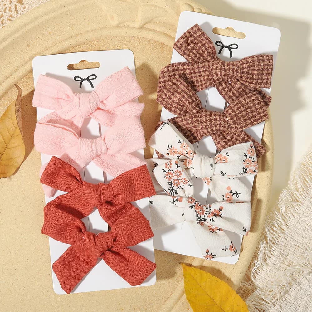 Set di 4 Fermagli per Capelli con Fiocco per Bambine, Mollette in Mussola di Cotone e Lino con Stampa Floreale, Accessori per Capelli