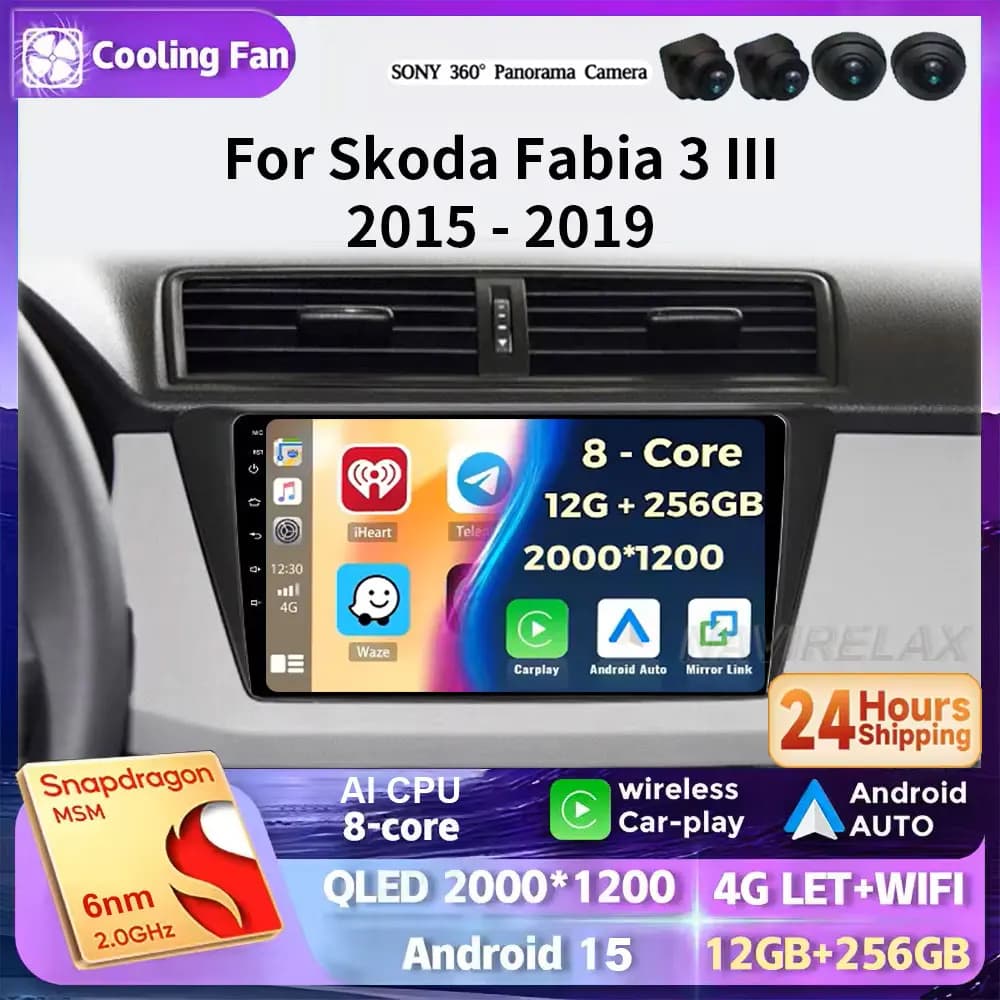 Android 15 Multimedia Car Radio For Skoda Fabia 3 III 2015 2016 2017 2018 2019 Carplay 5G Wifi GPS RDS DVD autoradio stereo DSP