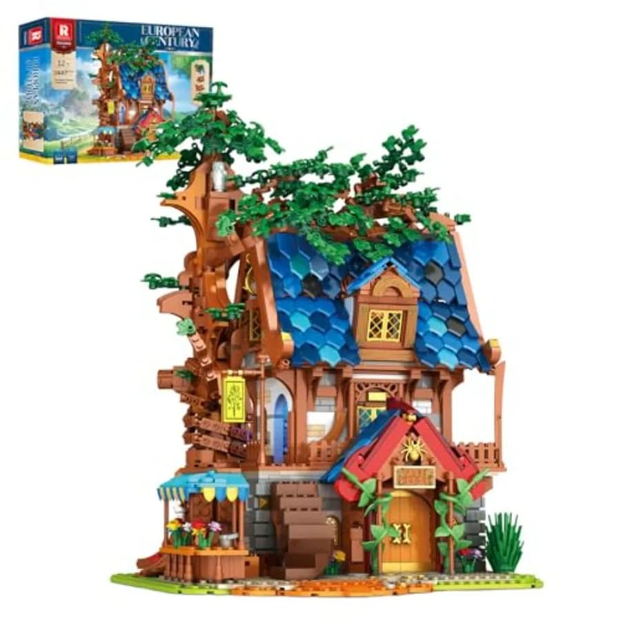 Set di Costruzioni Casa sull'Albero Medievale 66008, Kit Creativo Europeo con Luci LED e Design in Legno