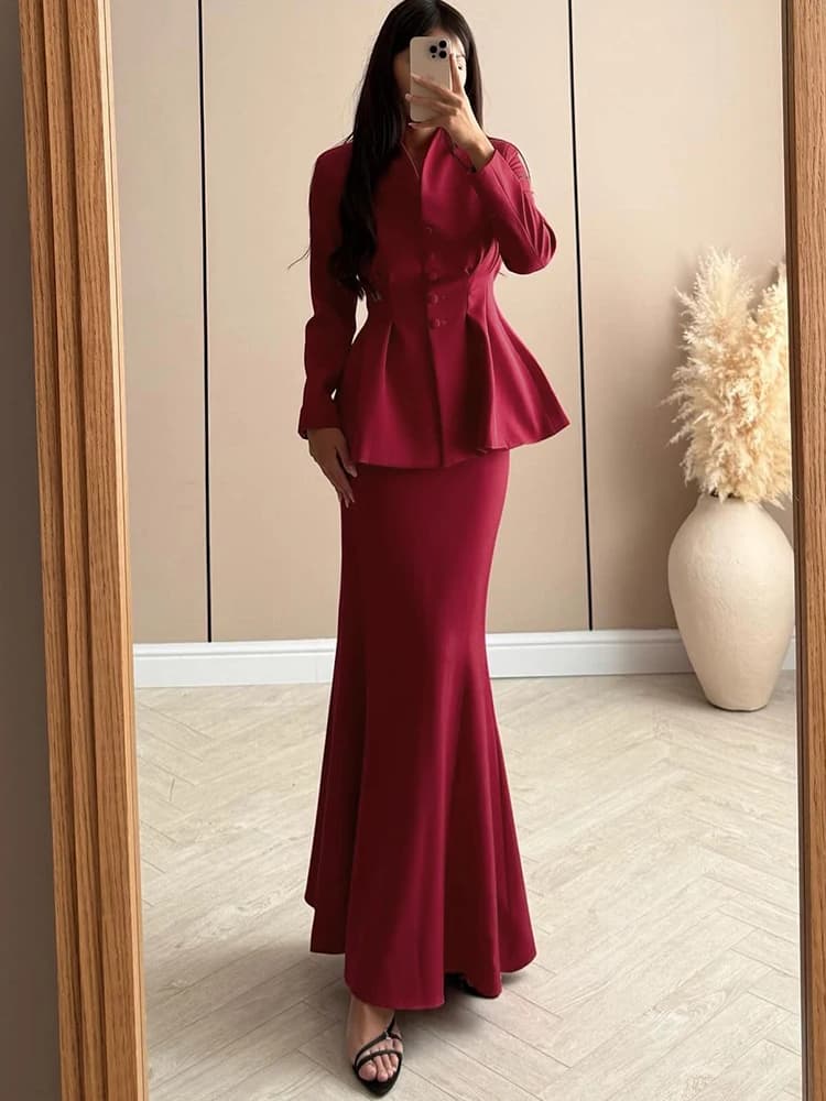 Sisterlinda Office Blazer Set da 2 pezzi Cappotto monopetto con volant da donna + Gonna a tromba color pesca abbinata a abiti eleganti da pendolare