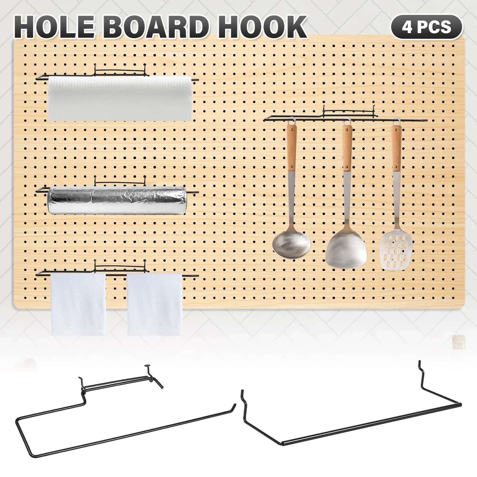 Set di 4 Portarotoli in Metallo a Forma di C/U per Pannello Forato, Organizzatore per Cucina e Officina