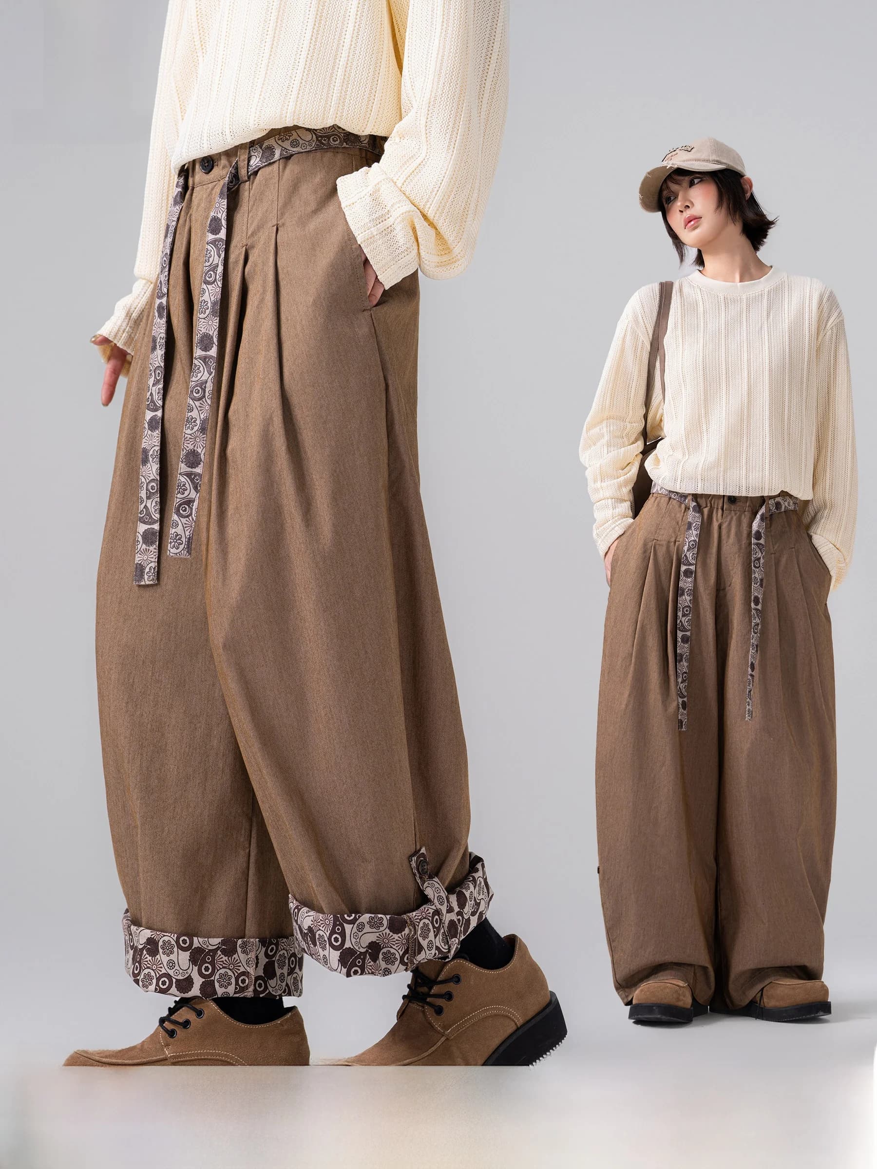 Casual Wide Leg Pants Men Women Spring New Style AOGZ Old Money Style Nut Flower Belted Drapey Loose Fit Cotton Blend Trousers